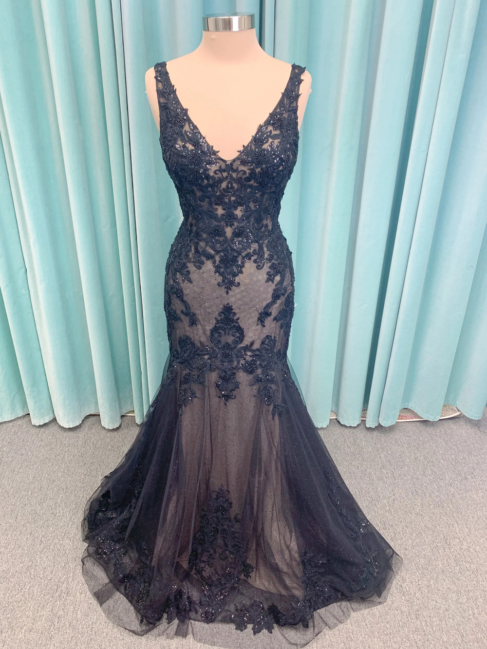 Lace Applique Mermaid Black Wedding Dress with Subtle Sparkle and Dramatic